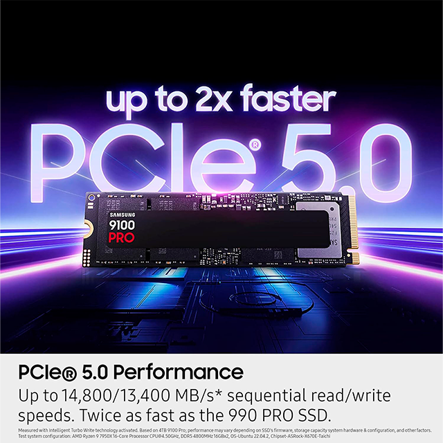 Unidad de Estado Sólido SSD Samsung 9100 PRO 4TB, M.2 2280, PCIe 5.0 ×4, NVMe 2.0, 14,800/13,400 MB/s – MZ-VAP4T0B/AM