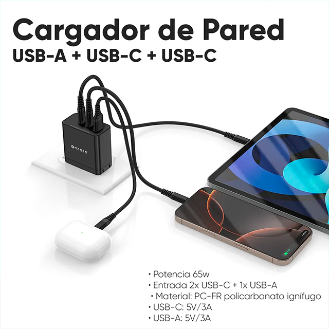 Cargador de Pared Naceb NA-0144, GaN, 65W, 2× USB-C + USB-A