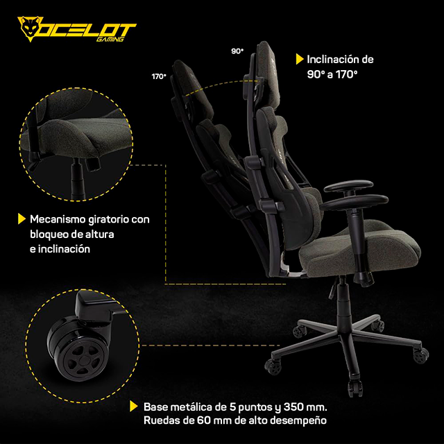 Silla Gamer Ocelot Gaming Scorpio, Tela, Reclinable 170°, Base Metálica, Negro – OST-BLACK SCORPIO