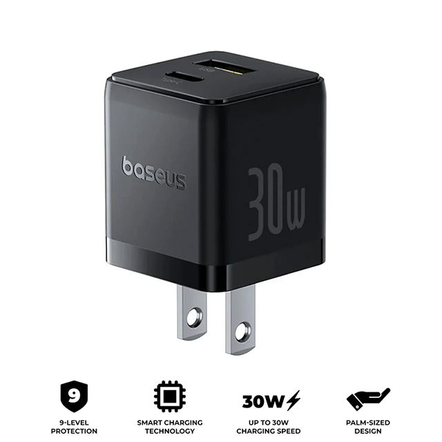Cargador de Pared Baseus, 30W, USB-C + USB-A, Carga Rápida, Negro – P1011160B113-00