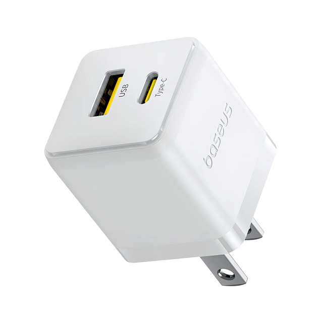 Cargador de Pared Baseus, 30W, USB-C + USB-A, Carga Rápida, Blanco – P1011160B213-00