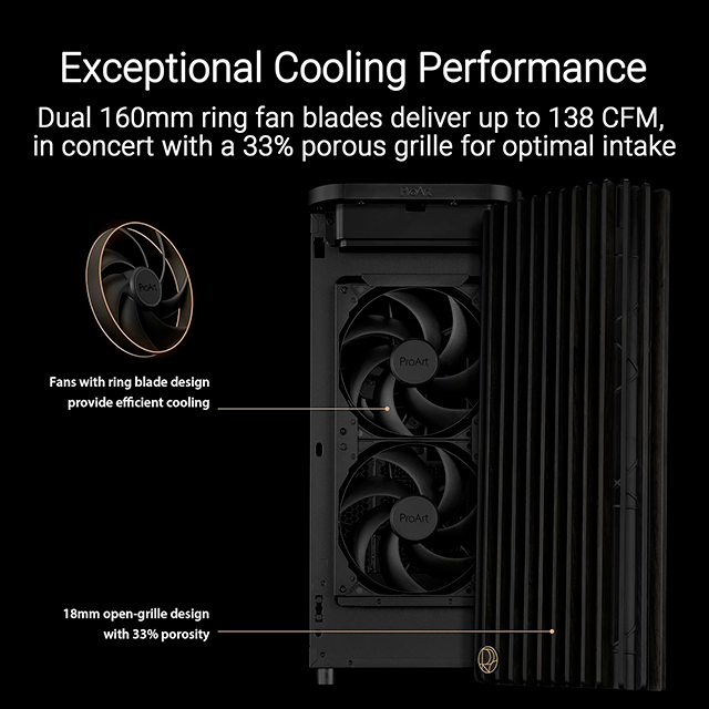 Gabinete ASUS ProArt PA401, ATX, panel madera, vidrio templado, 3 ventiladores, USB-C, negro – PA401/BK/WOOD/TG