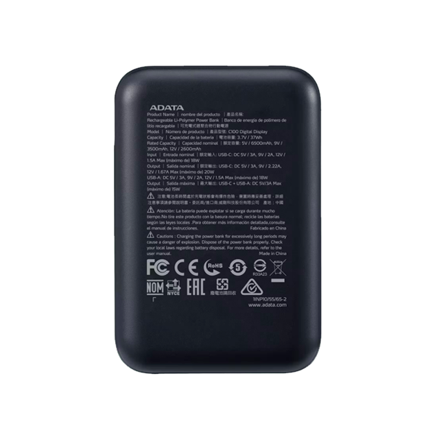 Power Bank ADATA C100, 10,000 mAh, Carga Simultánea para 2 Dispositivos, Indicador LED, Negro – PC10022-12BK