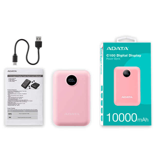 Power Bank ADATA C100, 10,000 mAh, Carga Dual, Indicador LED, Rosa – PC10022-12PK