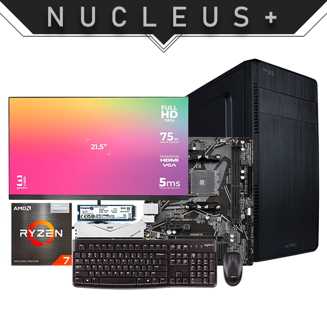 PC Nucleus + | Ryzen 7 5700G | 8 GB 3200 MHz | SSD M.2 500 GB | Gráficos integrados | Monitor | Teclado y Mouse