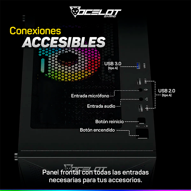 Gabinete Ocelot Gaming POLYGON-E5, ATX, Cristal Templado, Frontal Mesh, 4 Ventiladores, Color Negro - POLYGON-E5