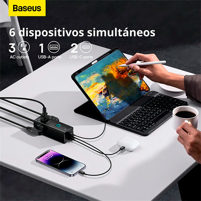Cargador de Escritorio Baseus PowerStrip, 6 Puertos, 3 AC + 2 USB-C + 1 USB-A, 30W, Cable 1.5 m, Negro – PSLA030101