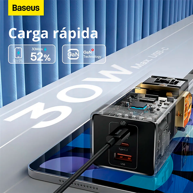 Cargador de Escritorio Baseus PowerStrip, 6 Puertos, 3 AC + 2 USB-C + 1 USB-A, 30W, Cable 1.5 m, Negro – PSLA030101