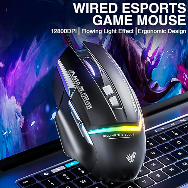 Mouse gamer Aula S12 Pro alámbrico, DPI ajustable 500–12800, RGB, blanco – 8500-0109