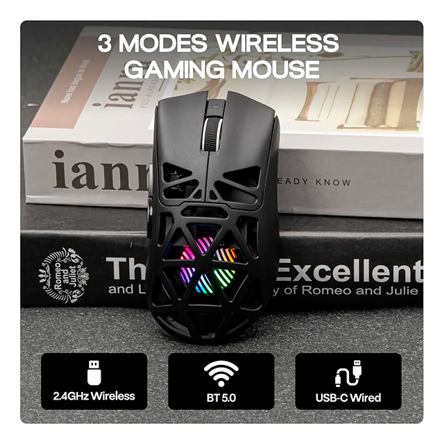 Mouse Gamer AULA SC620 Black, inalámbrico tri-mode, Bluetooth/2.4 GHz/USB-C, 12,000 DPI, 1000Hz, RGB – 8500-0118
