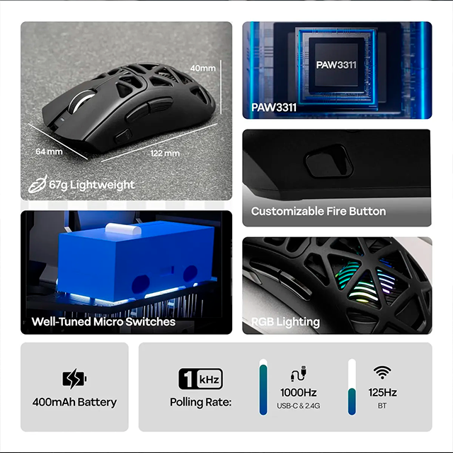 Mouse Gamer AULA SC620 Black, inalámbrico tri-mode, Bluetooth/2.4 GHz/USB-C, 12,000 DPI, 1000Hz, RGB – 8500-0118