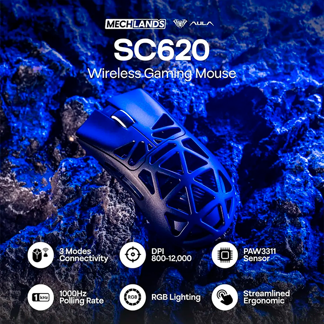Mouse Gamer AULA SC620 Black, inalámbrico tri-mode, Bluetooth/2.4 GHz/USB-C, 12,000 DPI, 1000Hz, RGB – 8500-0118