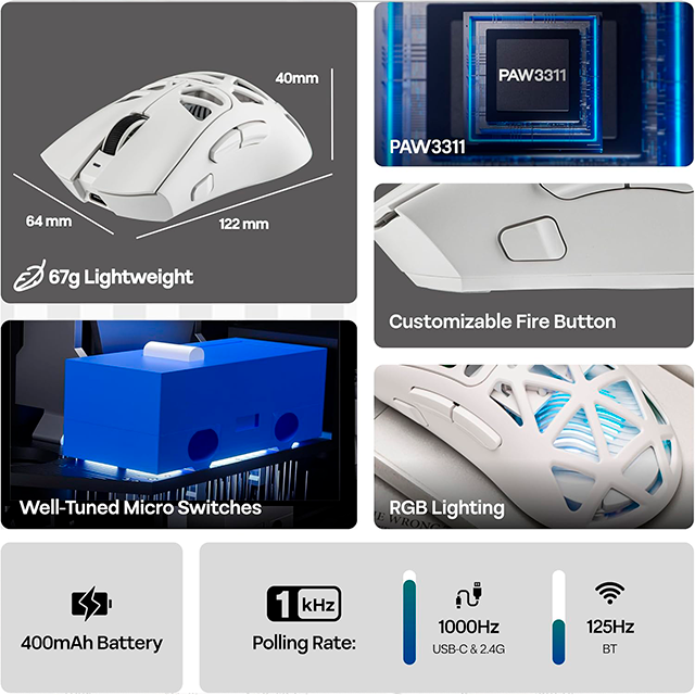 Mouse Gamer AULA SC620 White, inalámbrico tri-mode, Bluetooth/2.4 GHz/USB-C, 12,000 DPI, 1000Hz, RGB – 8500-0119