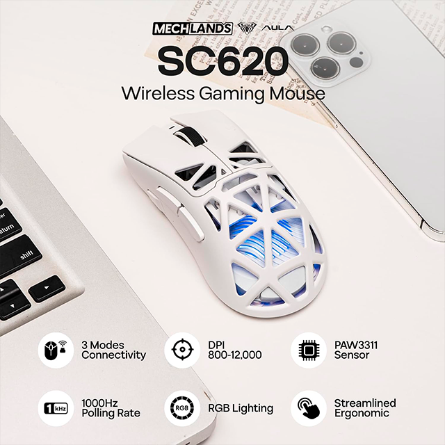 Mouse Gamer AULA SC620 White, inalámbrico tri-mode, Bluetooth/2.4 GHz/USB-C, 12,000 DPI, 1000Hz, RGB – 8500-0119
