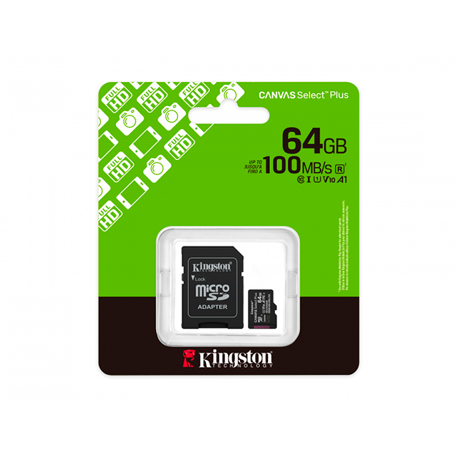 Memoria MicroSD Kingston Canvas Select Plus Gen3, 64 GB, UHS-I, Clase 10, U1, V10, A1, hasta 100 MB/s - SDCS3/64GB