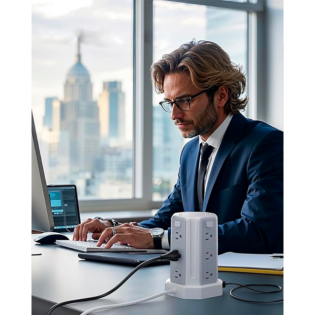 Torre Multicontacto SMALLRT, 12 salidas, 4 USB (1 USB-C), 1700J, cable 1.98 m – SMALLRT Torre blanco  