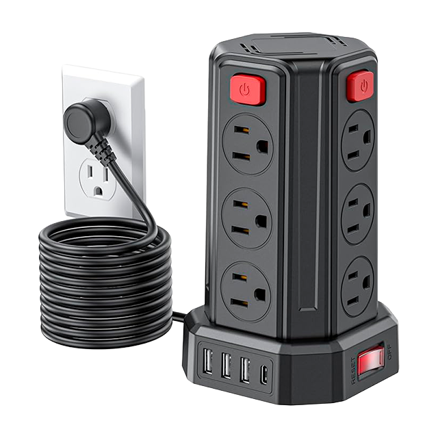 Torre Multicontacto SMALLRT, 12 salidas, 4 USB (1 USB-C), 1700J, cable 3.04 m, protección contra sobretensión – SMALLRT Torre Negra