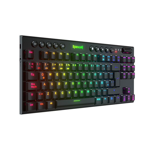 Teclado Gamer Mecanico Redragon Horus TKL RGB, Switches Blue Ultra Low Profile, Inalámbrico, USB 2.4Ghz, Bluetooth 5.0, Iluminación RGB, Español - K621-RGB-SP BL
