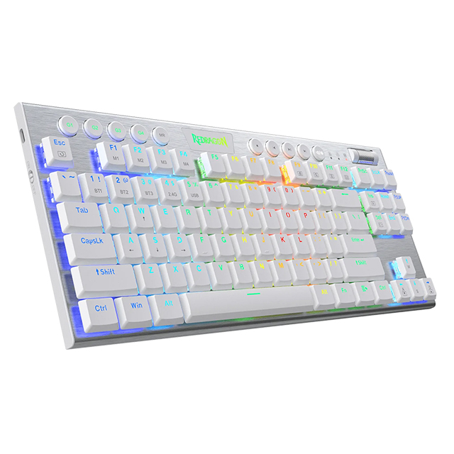 Teclado Gamer Mecánico Redragon Horus TKL Blanco, Switches Red Ultra Low Profile, Inalámbrico, BT/2.4Ghz, Iluminación LED RGB, Español - K621W-RGB SP-RED