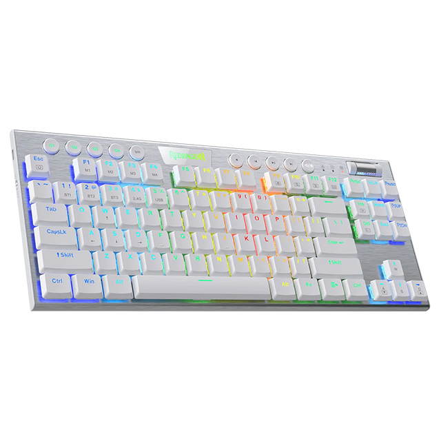 Teclado Gamer Mecánico Redragon Horus TKL Blanco, Switches Red Ultra Low Profile, Inalámbrico, BT/2.4Ghz, Iluminación LED RGB, Español - K621W-RGB SP-RED