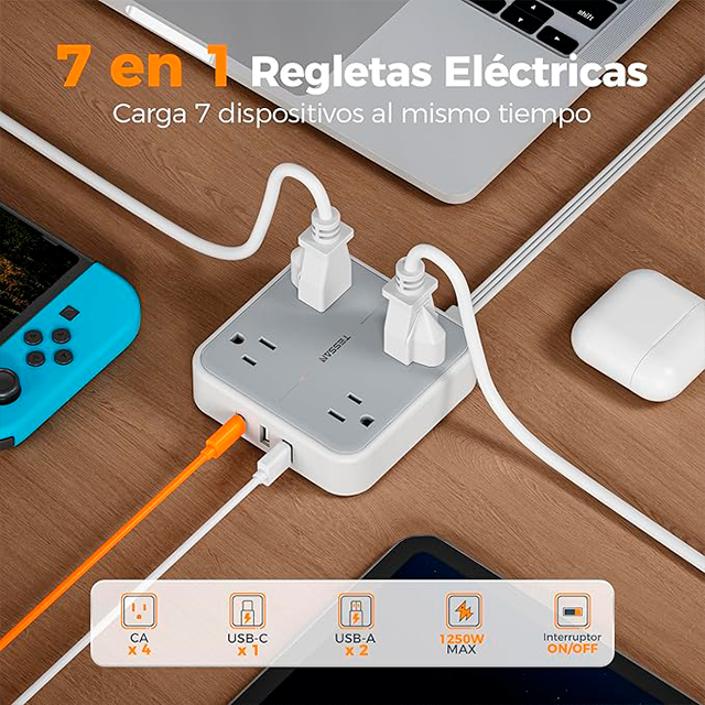 Regleta Multicontacto TESSAN, 4 salidas, 3 USB (1 USB-C), protector de sobretensión, cable plano 1.5 m, gris 