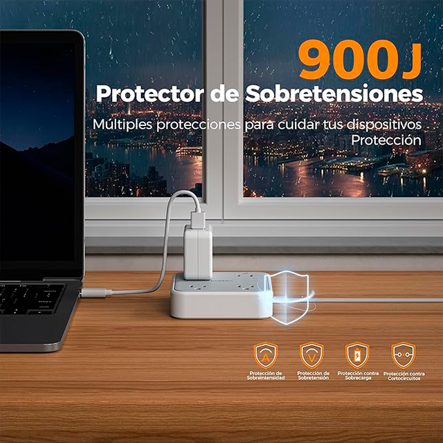 Regleta Multicontacto TESSAN, 4 salidas, 3 USB (1 USB-C), protector de sobretensión, cable plano 1.5 m, gris 