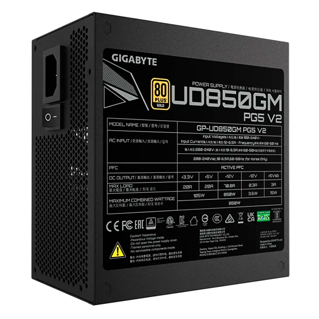 Fuente de Poder Gigabyte GP-UD850GM PG5 V2, 850W, 80 Plus Gold, ATX 3.0, PCIe 5.0, Modular