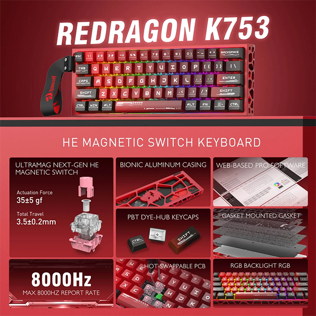 Teclado Gaming Magnético Redragon Venom K753 Red, 60%, 61 Teclas, UltraMag Hall Effect, Rapid Trigger, 8000 Hz, Aluminio CNC, RGB – K753-RGB-M