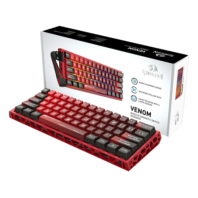 Teclado Gaming Magnético Redragon Venom K753 Red, 60%, 61 Teclas, UltraMag Hall Effect, Rapid Trigger, 8000 Hz, Aluminio CNC, RGB – K753-RGB-M
