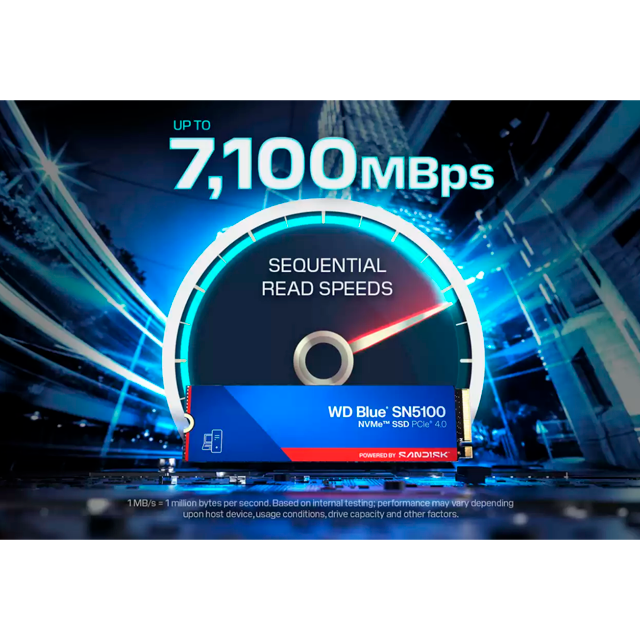Unidad de Estado Solido WD Blue SN5100, 1TB, NVMe M.2, PCIe 4.0, 7100 MB/s lectura, 6700 MB/s escritura – WDS100T5B0E-00CPE0
